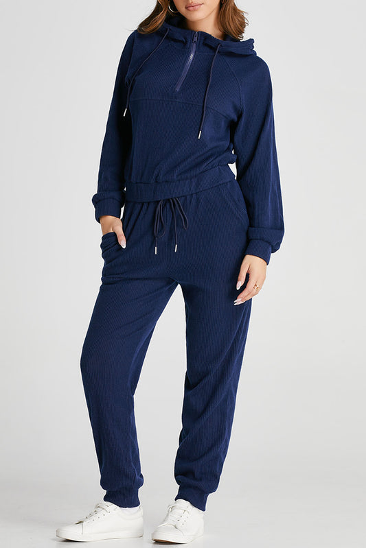 Navy Blue Ribbed Knit Cropped Hoodie and Drawstring Joggers Set-Activewear/Activewear Sets-[Adult]-[Female]-Navy Blue-S-2022 Online Blue Zone Planet