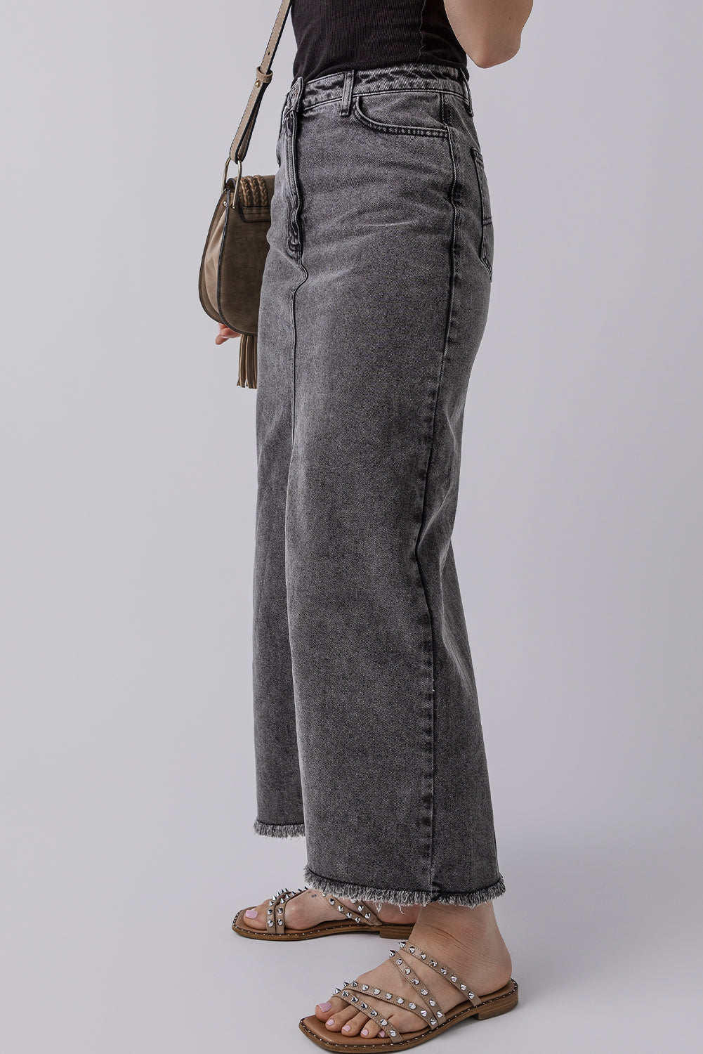 Blue Zone Planet | Dark Grey Denim Raw Hem Back Split High Waist Long Skirt-Bottoms/Skirts & Petticoat-[Adult]-[Female]-2022 Online Blue Zone Planet