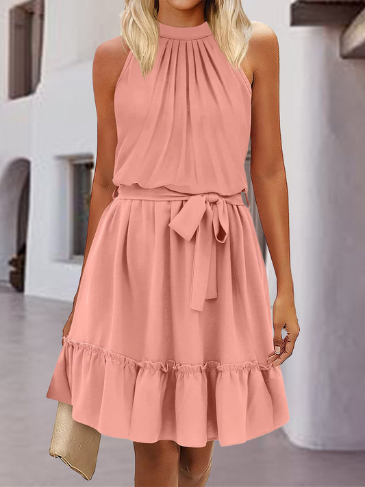 Frill Tied Mock Neck Sleeveless Dress-TOPS / DRESSES-[Adult]-[Female]-Watermelon pink-S-2022 Online Blue Zone Planet