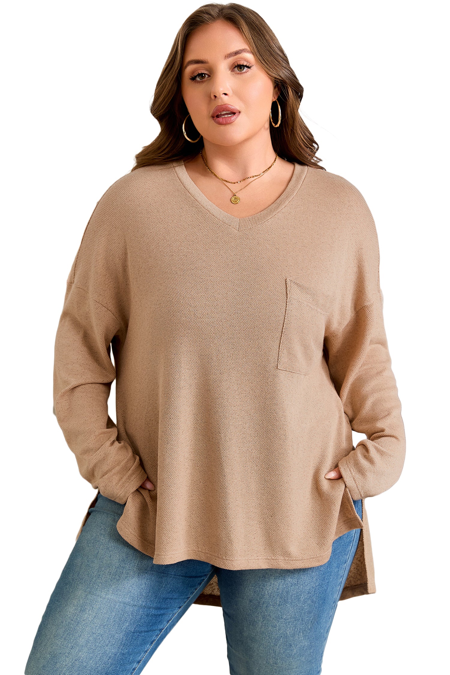 Parchment Plus Size Drop Shoulder Knit Tunic Top-Plus Size/Plus Size Tops/Plus Size Long Sleeve Tops-[Adult]-[Female]-2022 Online Blue Zone Planet