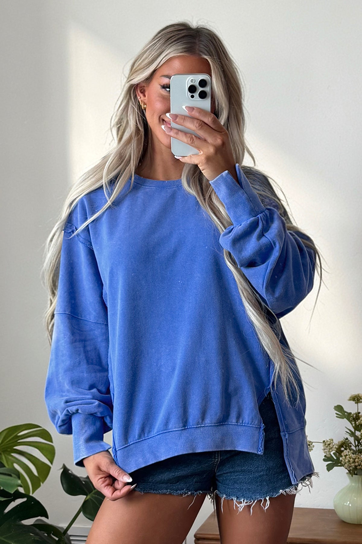 Sky Blue Mineral Wash Split Hem Loose Tunic Sweatshirt-Tops/Sweatshirts & Hoodies-[Adult]-[Female]-2022 Online Blue Zone Planet