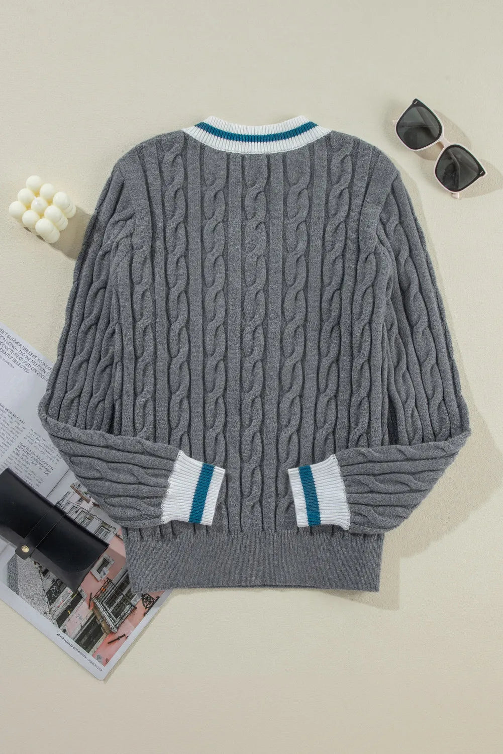 Blue Zone Planet | Cable-Knit V-Neck Long Sleeve Sweater-TOPS / DRESSES-[Adult]-[Female]-2022 Online Blue Zone Planet