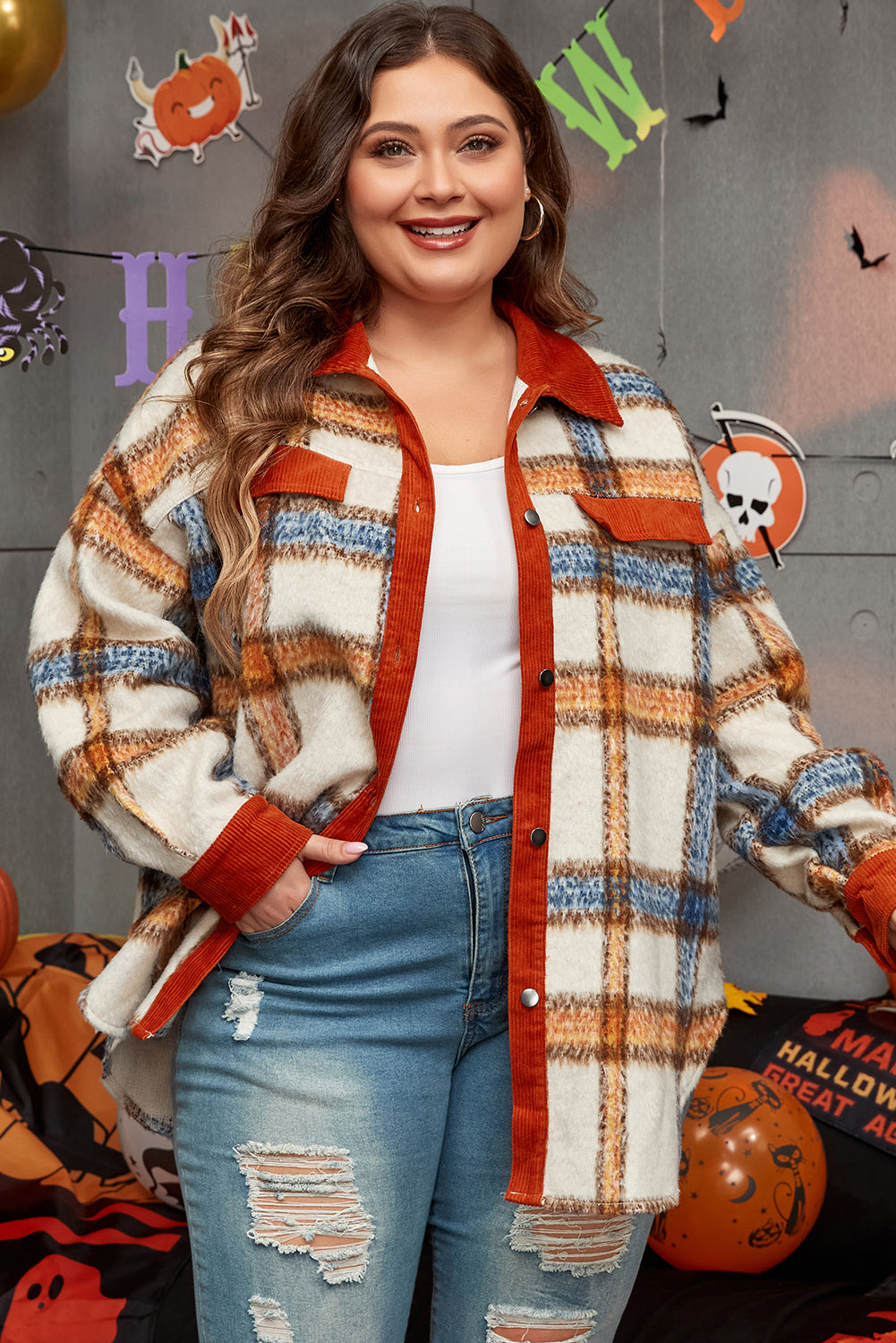 Brown Stripe Plus Size Plaid Print Collared Buttoned Jacket-Plus Size/Plus Size Outerwear-[Adult]-[Female]-Brown Stripe-1X-2022 Online Blue Zone Planet