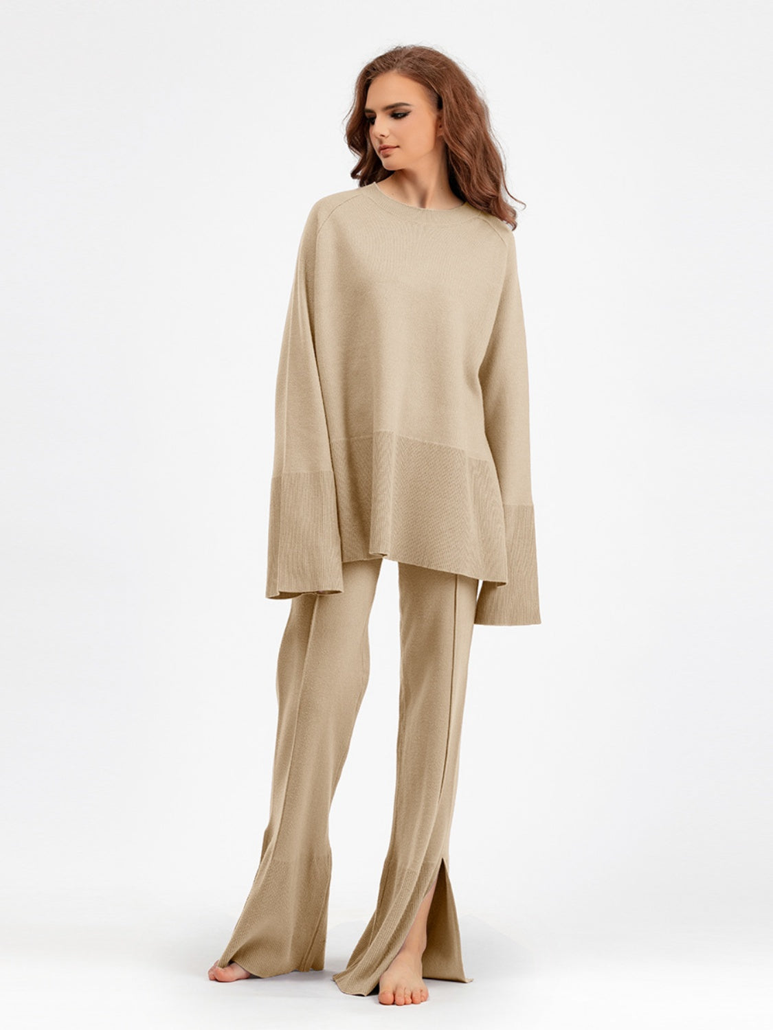 Blue Zone Planet | Basic Bae Slit Round Neck Long Sleeve Top and Drawstring Pants Sweater Set-TOPS / DRESSES-[Adult]-[Female]-Tan-One Size-2022 Online Blue Zone Planet