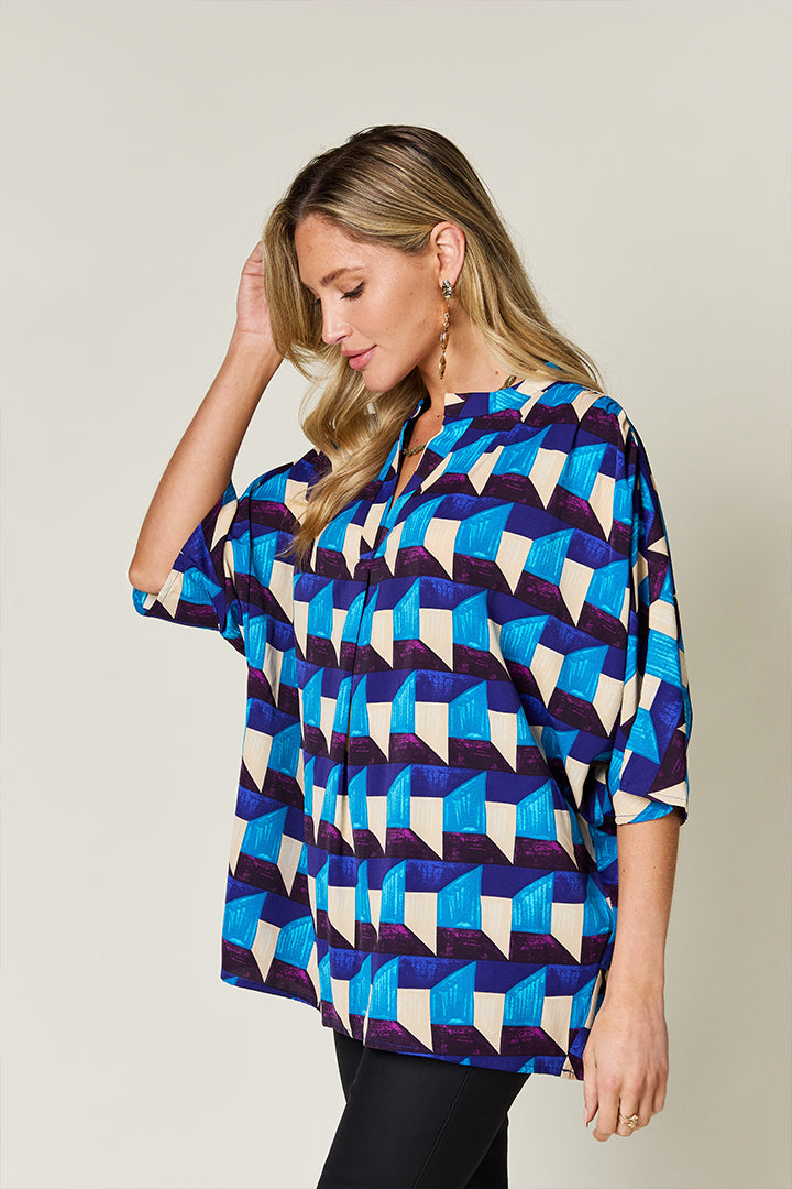 Double Take Full Size Geometric Notched Half Sleeve Blouse-TOPS / DRESSES-[Adult]-[Female]-2022 Online Blue Zone Planet