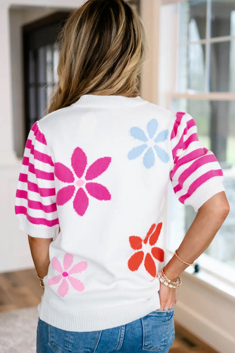 White Floral Pattern Striped Sleeve Sweater T Shirt-Sale (50% OFF)/20% OFF-[Adult]-[Female]-2022 Online Blue Zone Planet