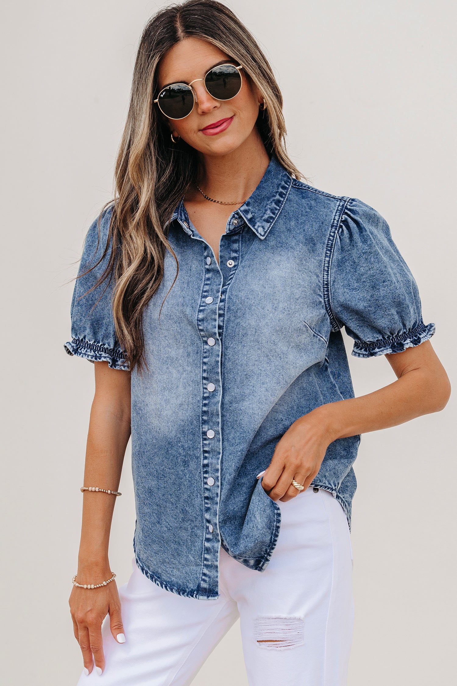 Beau Blue Frilled Short Sleeve Snap Button Denim Shirt-Tops/Blouses & Shirts-[Adult]-[Female]-2022 Online Blue Zone Planet