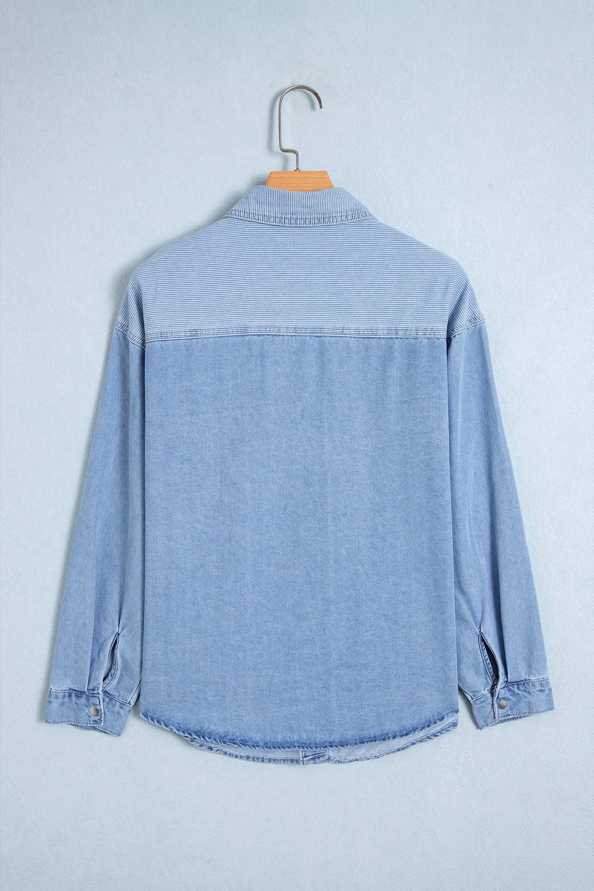 Beau Blue Lightweight Denim Striped Patchwork Button Down Shacket-Tops/Blouses & Shirts-[Adult]-[Female]-2022 Online Blue Zone Planet