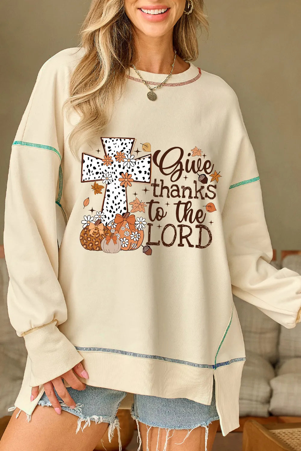 High-Low Contrast Stitching Round Neck Sweatshirt-TOPS / DRESSES-[Adult]-[Female]-Beige-S-2022 Online Blue Zone Planet