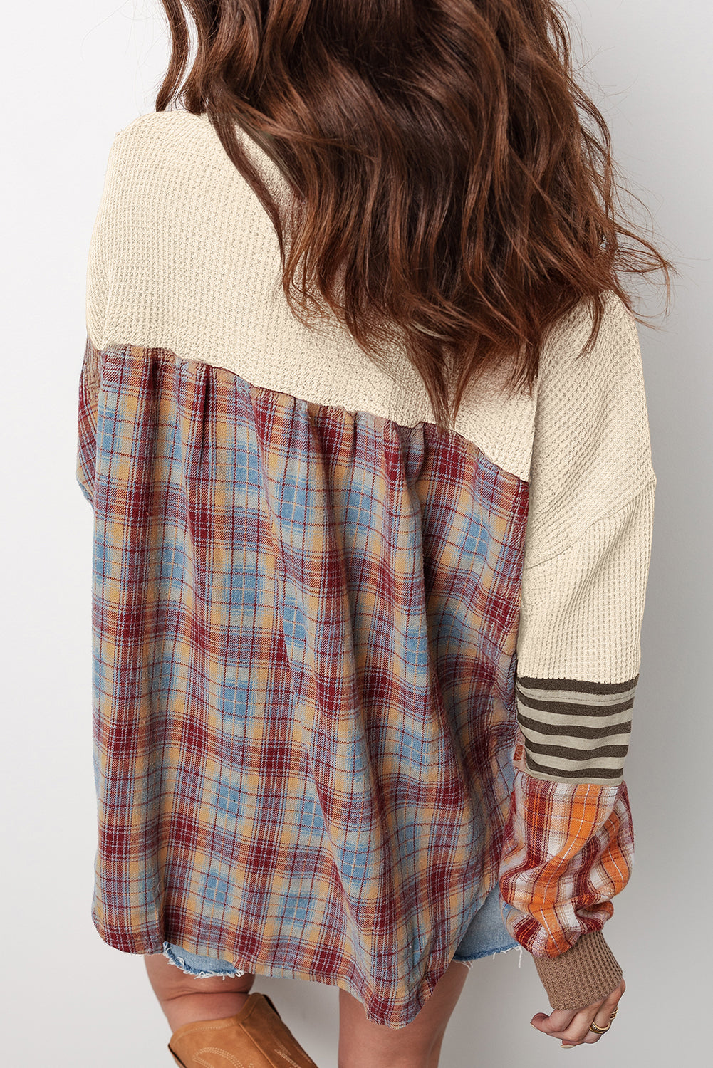 Beige Waffle Stripe Plaid Patchwork Henley Knit Top-Tops/Long Sleeve Tops-[Adult]-[Female]-2022 Online Blue Zone Planet