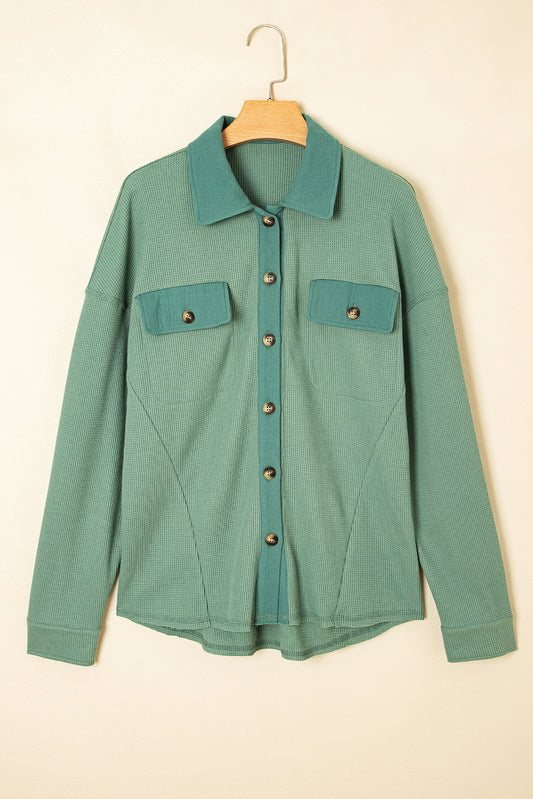 Grass Green Waffle Knit Vintage Patchwork Button Up Loose Shirt-Tops/Blouses & Shirts-[Adult]-[Female]-Grass Green-S-2022 Online Blue Zone Planet