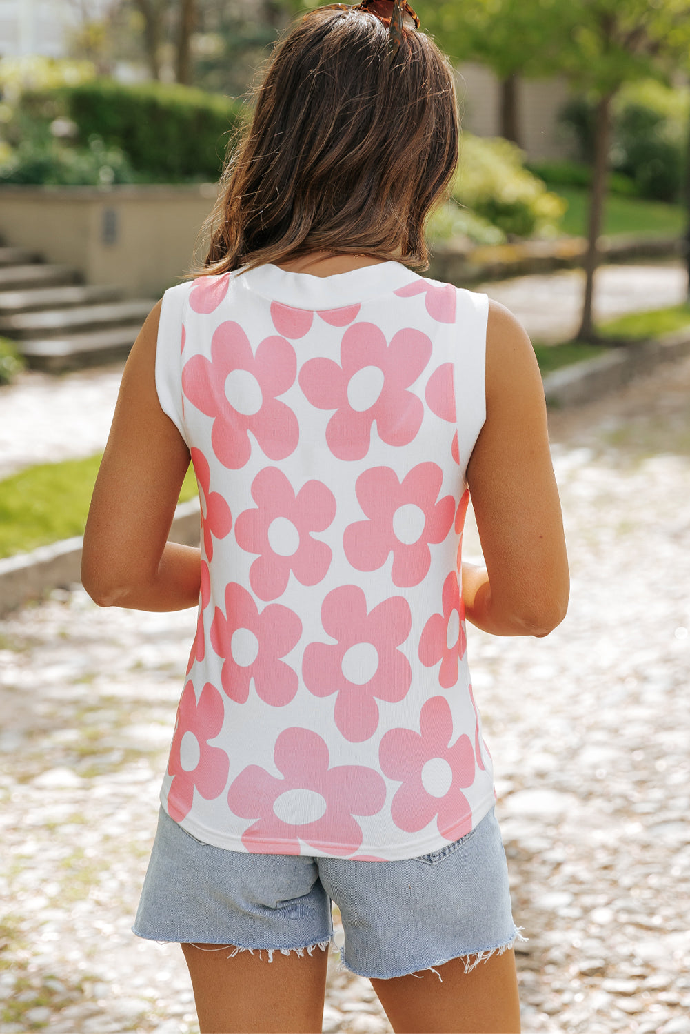 Pink Cute Flower Knitted V Neck Tank Top-Tops/Tank Tops-[Adult]-[Female]-2022 Online Blue Zone Planet
