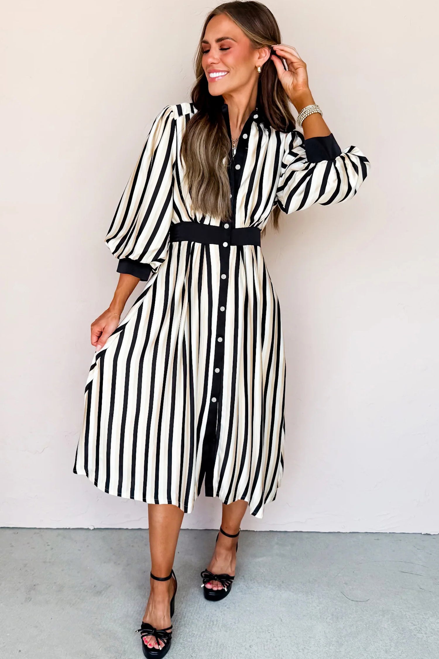 Black Stripe 3/4 Puff Sleeve Shirt Style Button Down Midi Dress-TOPS / DRESSES-[Adult]-[Female]-2022 Online Blue Zone Planet