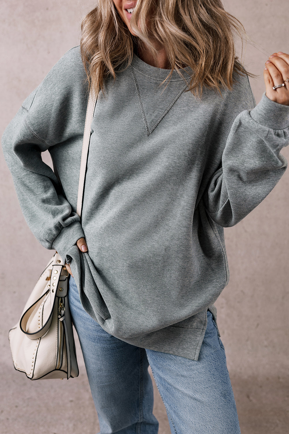 Medium Grey Side Split Drop Shoulder Oversized Sweatshirt-Tops/Sweatshirts & Hoodies-[Adult]-[Female]-2022 Online Blue Zone Planet