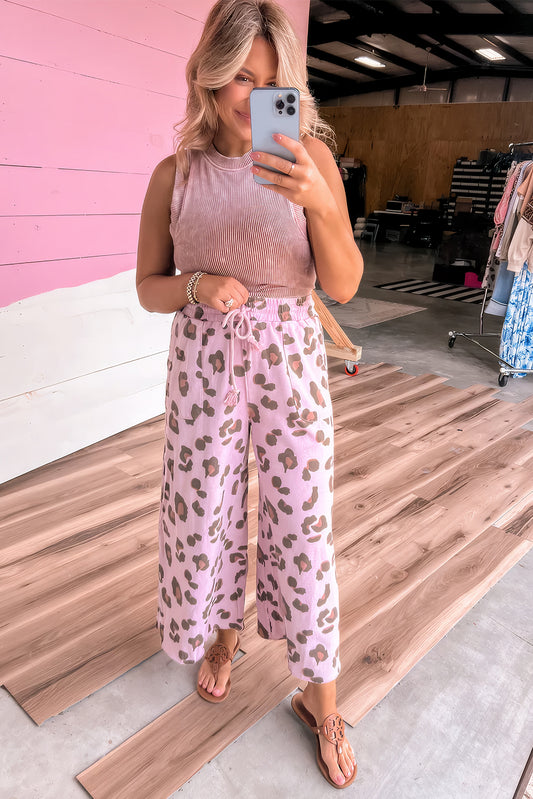 Pink Drawstring Leopard Print Patch Pocket Loose Pants-Bottoms/Pants & Culotte-[Adult]-[Female]-2022 Online Blue Zone Planet