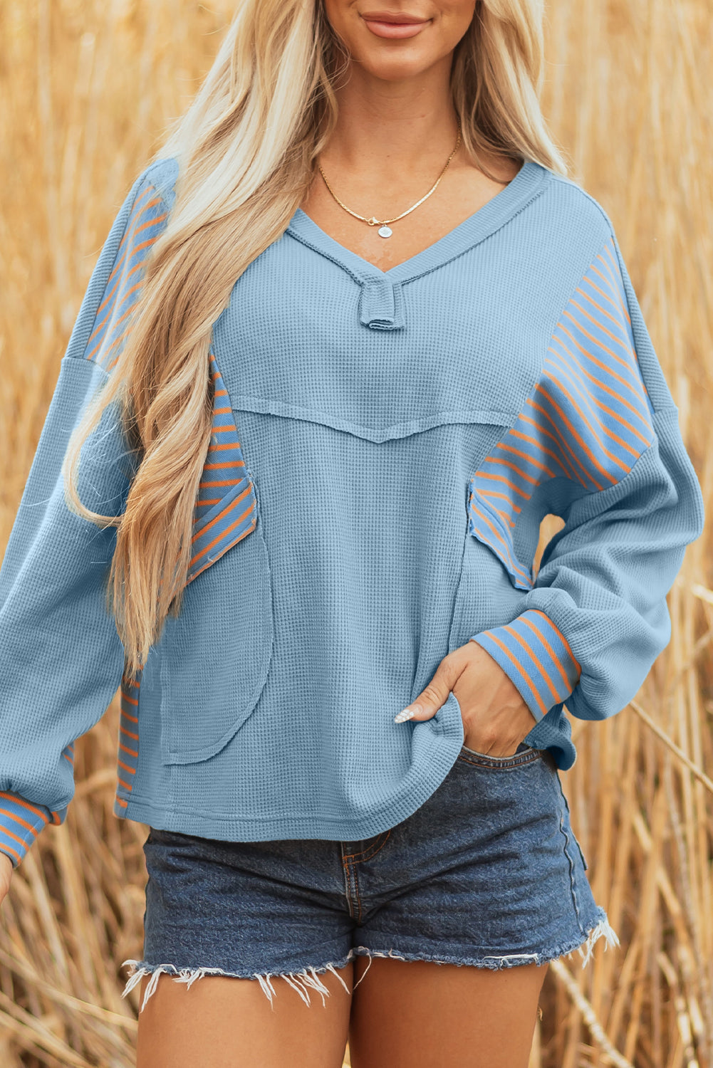 Dusk Blue Exposed Seam Waffle Striped Patchwork Baggy Pullover-Tops/Long Sleeve Tops-[Adult]-[Female]-2022 Online Blue Zone Planet