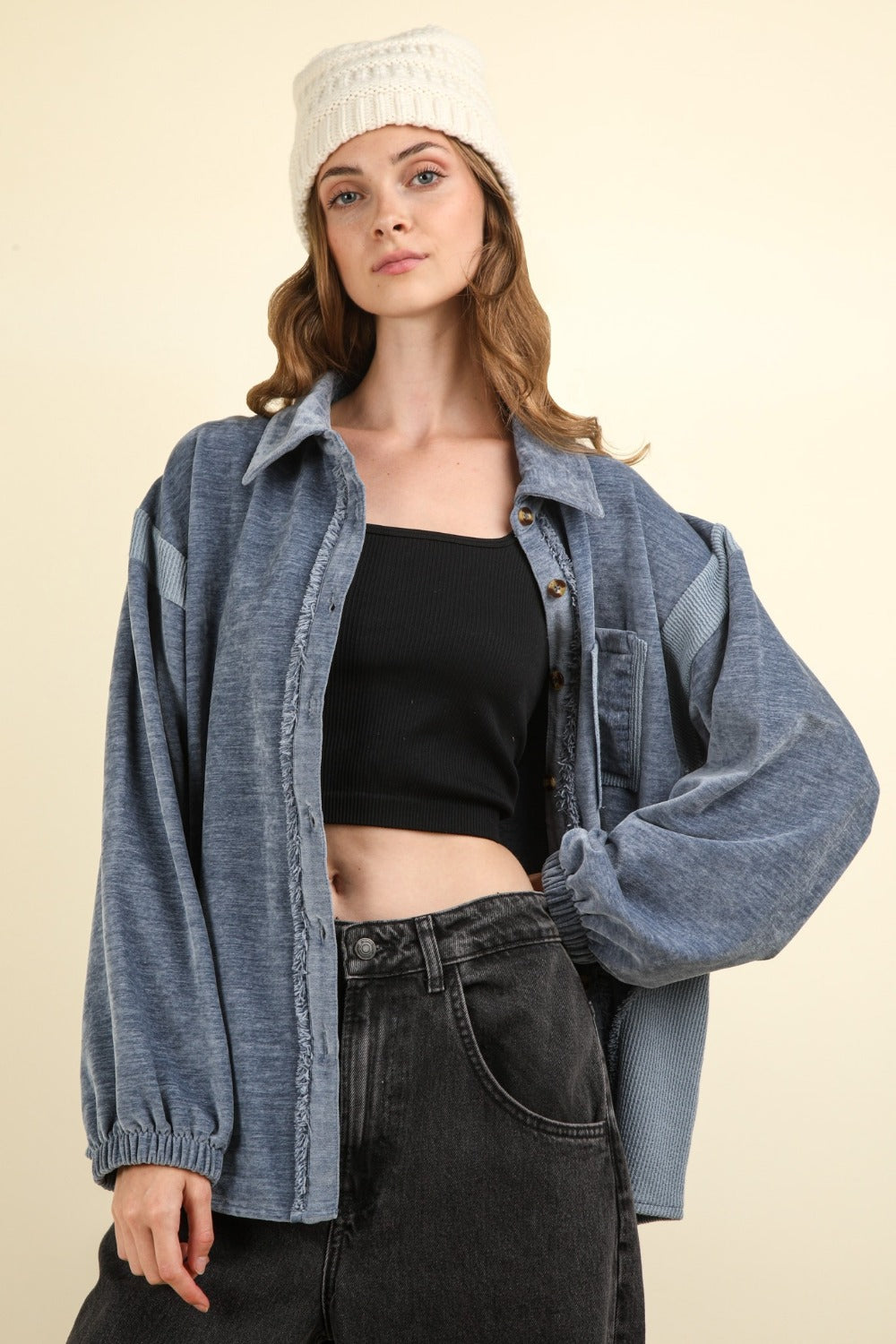 VERY J Mixed Media Button Down Raw Hem Shacket-TOPS / DRESSES-[Adult]-[Female]-Denim-S-2022 Online Blue Zone Planet