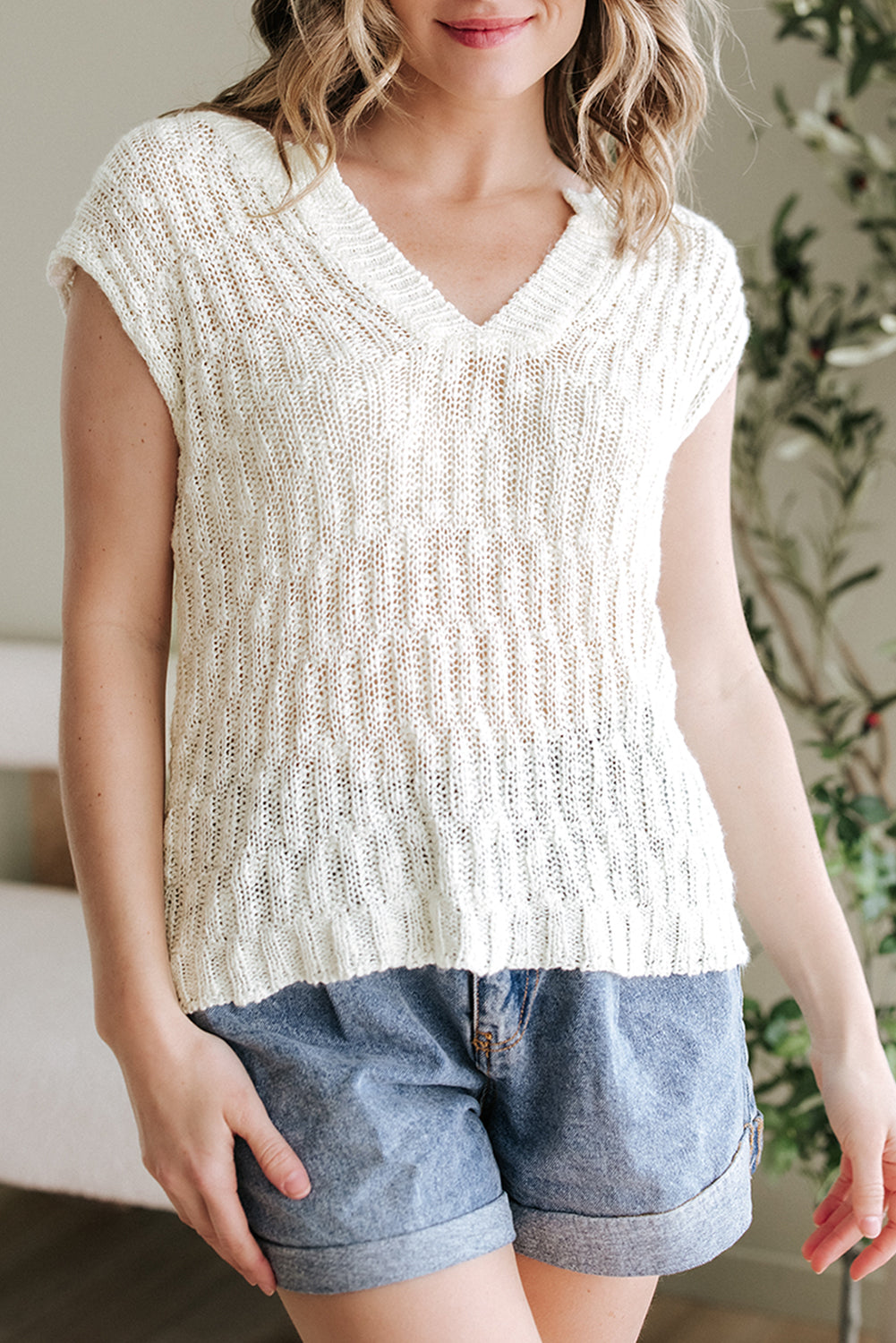 Beige Notched V Neck Short Sleeve Sweater-TOPS / DRESSES-[Adult]-[Female]-2022 Online Blue Zone Planet