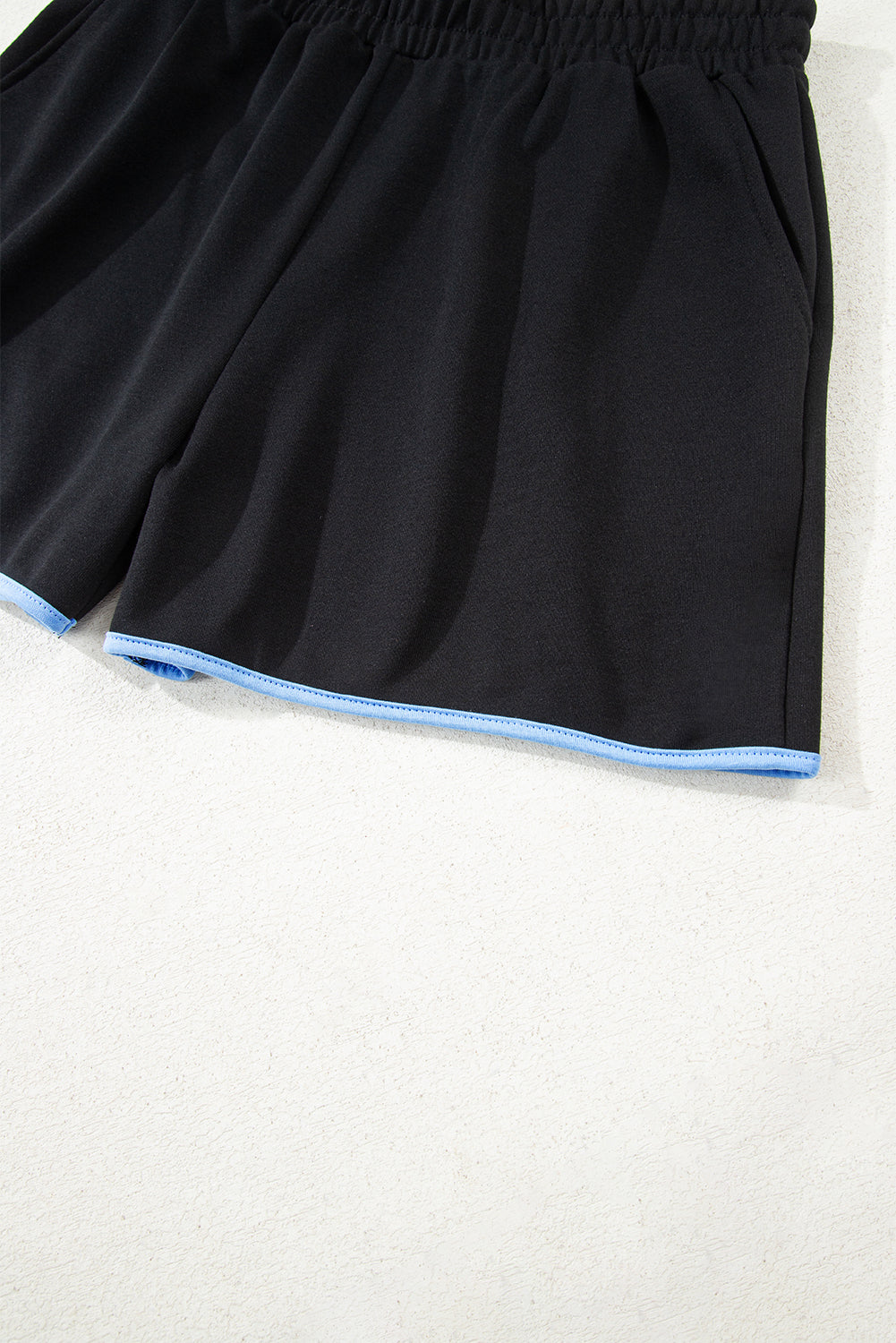 Black Color Block Patchwork Half Button Pullover and Shorts 2pcs Outfit-Two Piece Sets/Short Sets-[Adult]-[Female]-2022 Online Blue Zone Planet