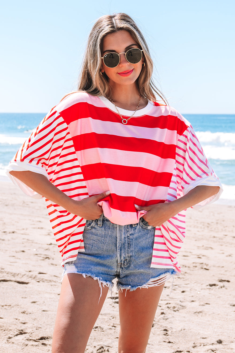 Pink Stripe Patchwork Round Neck Side Split Loose T Shirt-Tops/Tops & Tees-[Adult]-[Female]-2022 Online Blue Zone Planet