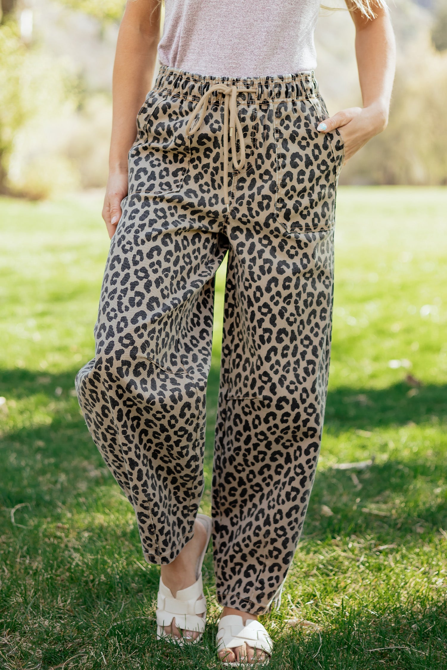 Khaki Leopard Print Drawstring Elastic Waist Loose Denim Pants with Pockets-Bottoms/Jeans-[Adult]-[Female]-2022 Online Blue Zone Planet