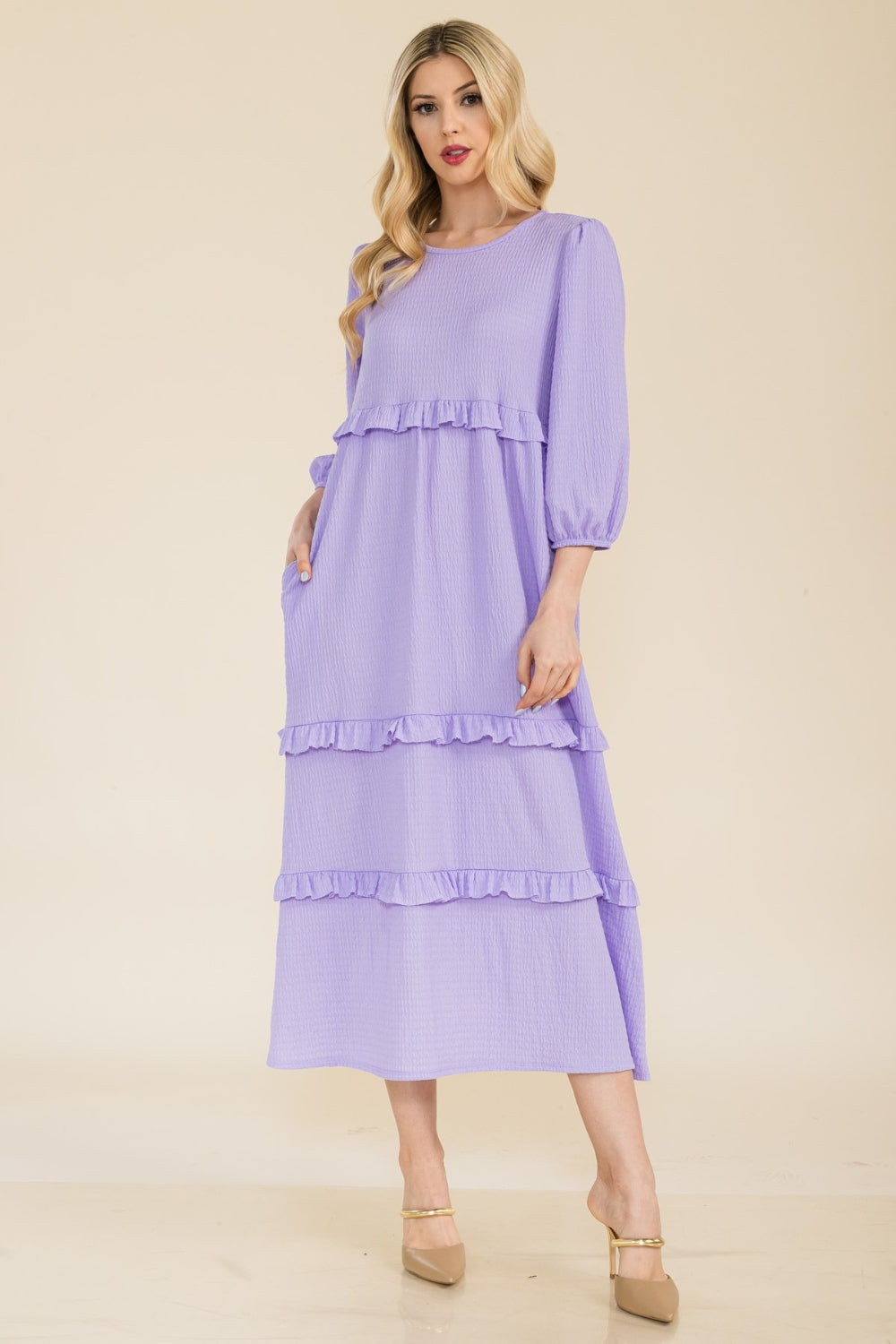 Blue Zone Planet | Celeste Full Size Tiered-Ruffle Midi Dress-TOPS / DRESSES-[Adult]-[Female]-Lilac-S-2022 Online Blue Zone Planet