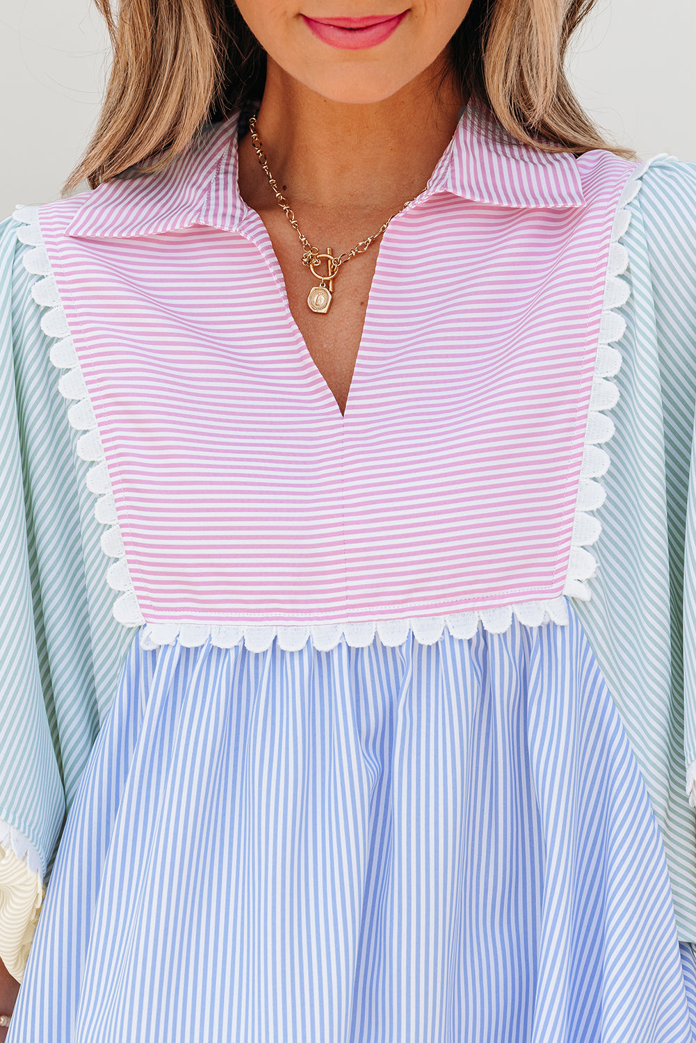 Multicolour Striped Patchwork Ric Rac Puff Sleeve Collared Mini Dress-TOPS / DRESSES-[Adult]-[Female]-2022 Online Blue Zone Planet