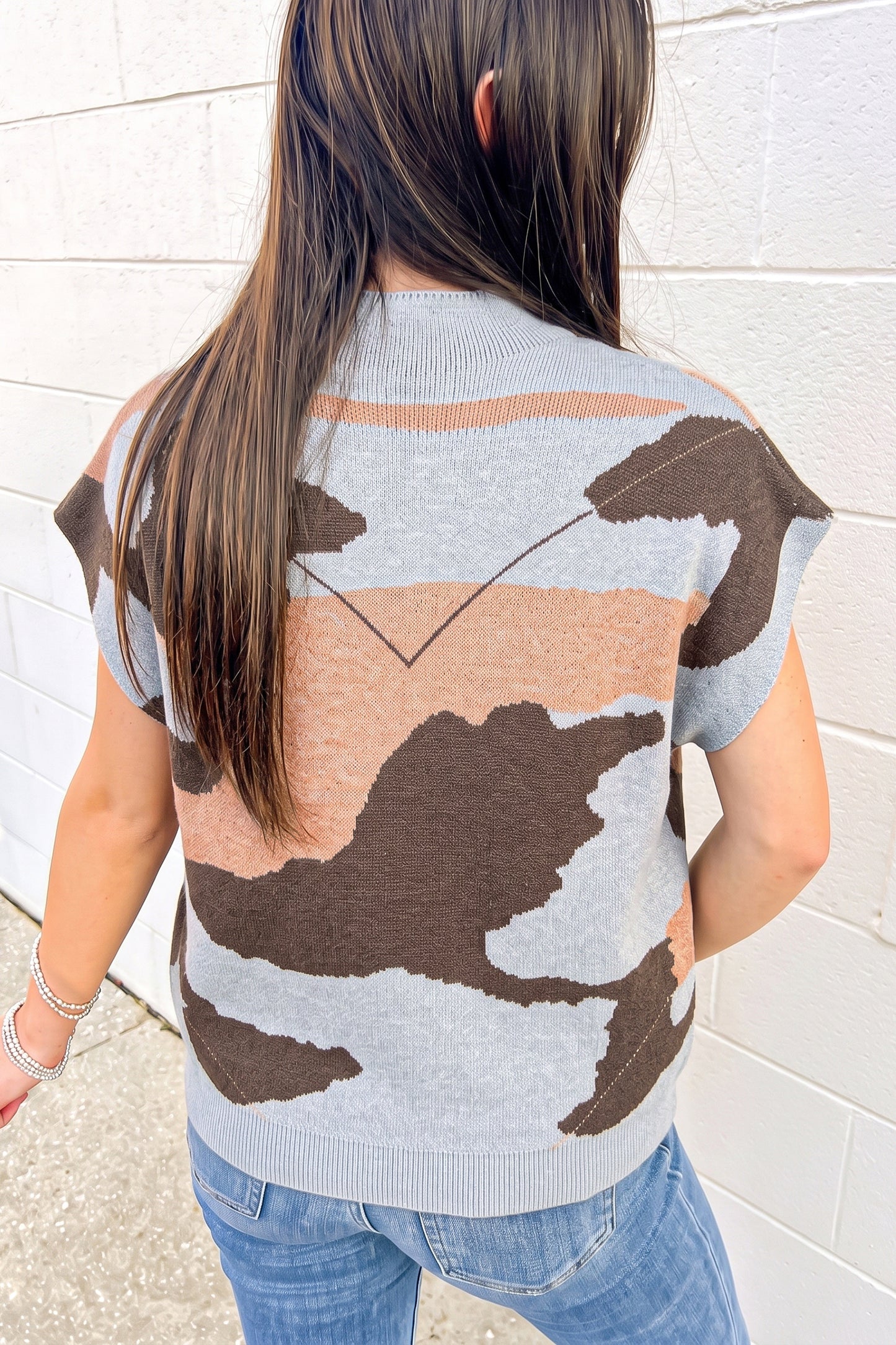 Gray Camouflage Pattern Drop Shoulder High Neck Short Sleeve Shift Sweater