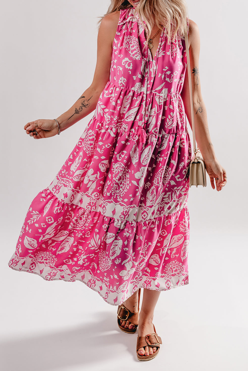 Rose Floral Sleeveless Tasseled Lace-up Neck Tiered Midi Dress-Dresses/Midi Dresses-[Adult]-[Female]-2022 Online Blue Zone Planet