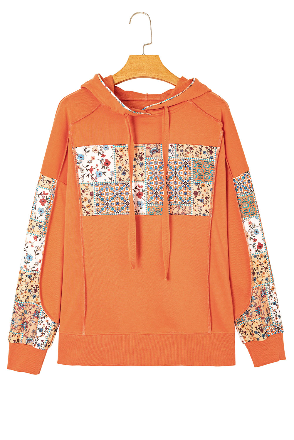 Flamingo Mix Floral Patchwork Side Slit Drawstring Hoodie-Tops / Dresses-[Adult]-[Female]-2022 Online Blue Zone Planet