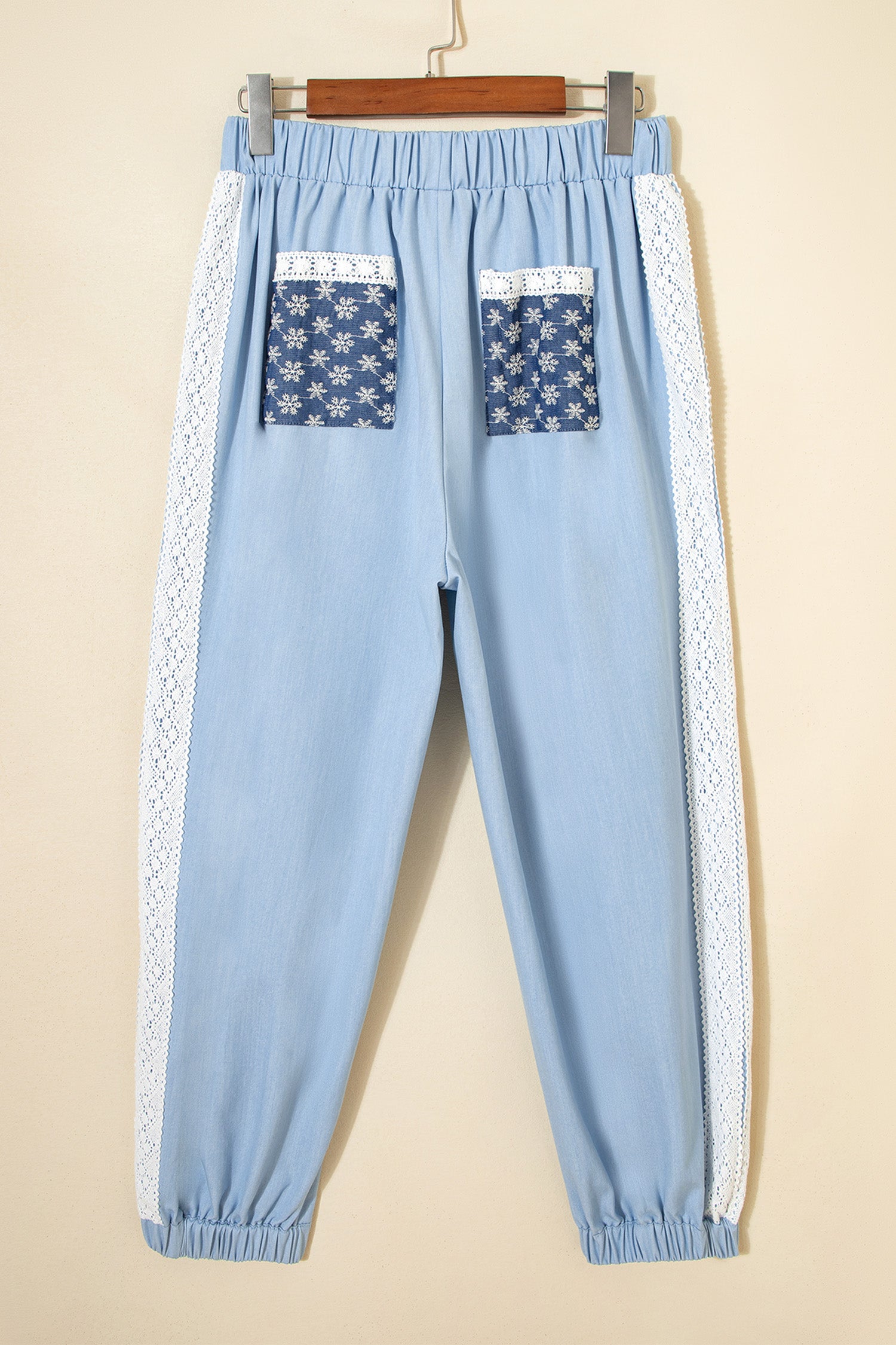 Beau Blue Lace Accent Floral Patched Pocket Pleated Wide Leg Slouchy Pants-Bottoms/Pants & Culotte-[Adult]-[Female]-2022 Online Blue Zone Planet