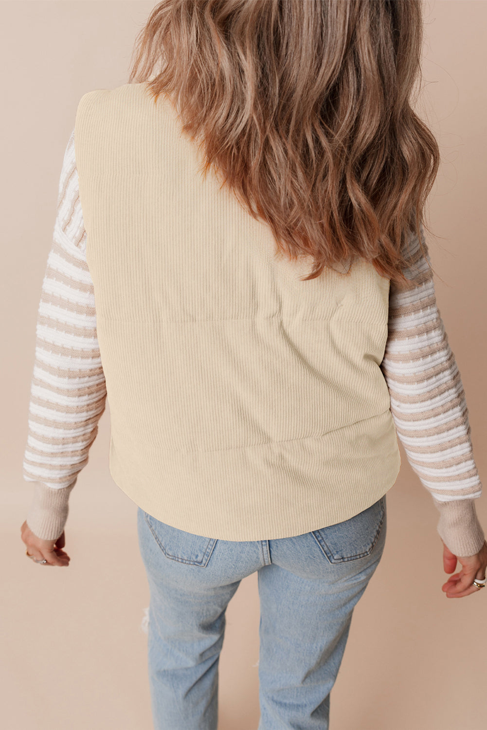Beige Corduroy Stand Neck Zipped Puffer Vest-Outerwear/Vests-[Adult]-[Female]-2022 Online Blue Zone Planet