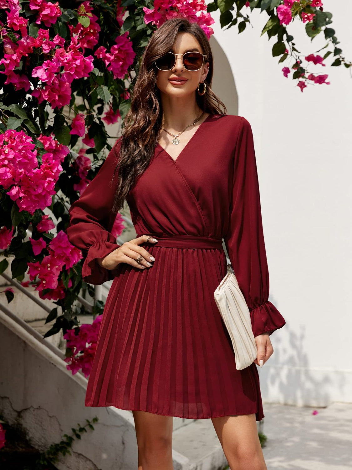 Surplice Flounce Sleeve Pleated Mini Dress-TOPS / DRESSES-[Adult]-[Female]-Burgundy-S-2022 Online Blue Zone Planet