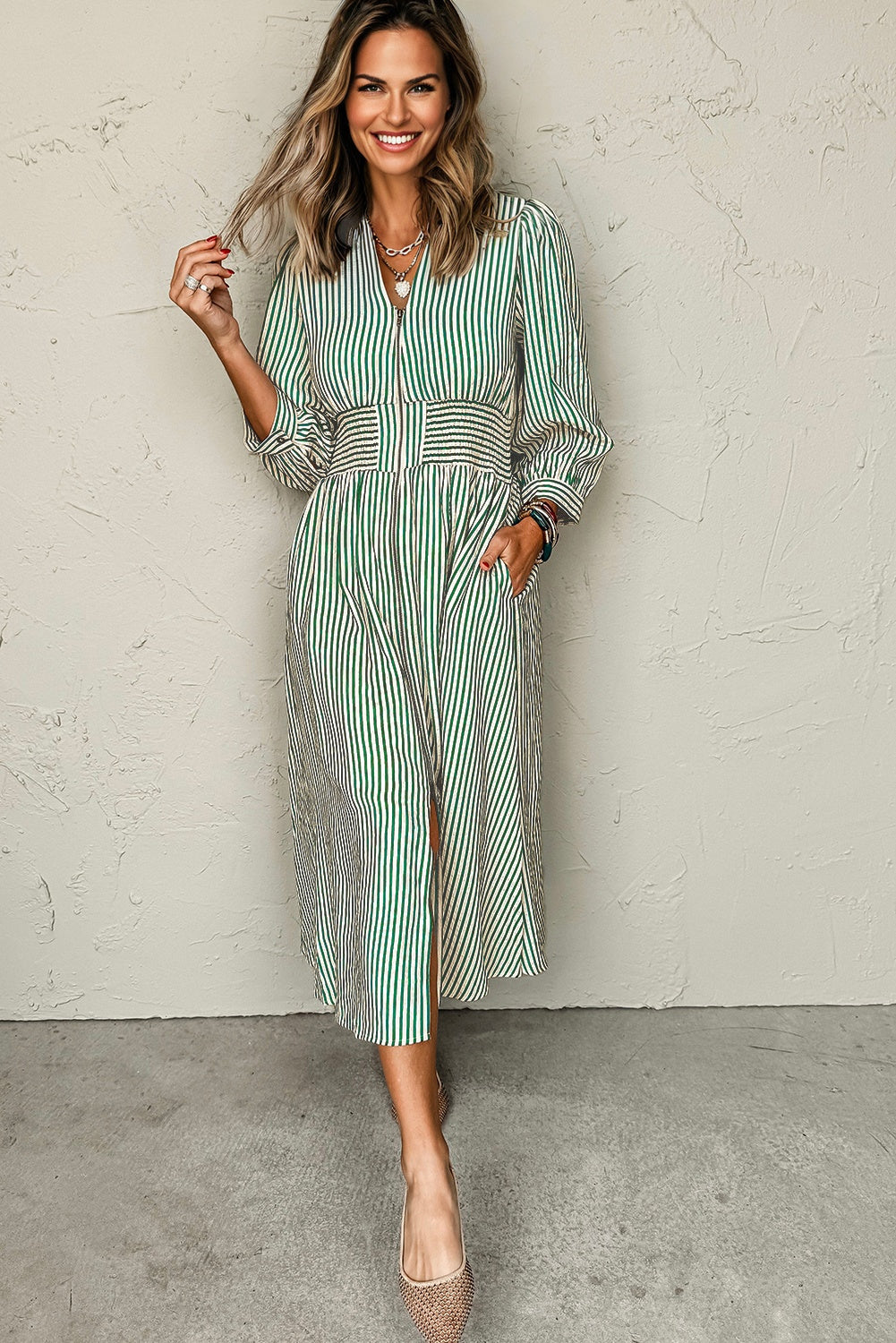 Green Stripe V Neck Zip Front Cinched High Waist Midi Dress-TOPS / DRESSES-[Adult]-[Female]-2022 Online Blue Zone Planet