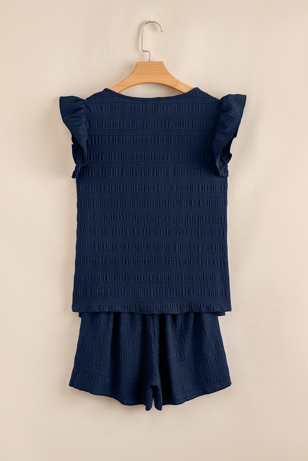Dirty Blue Textured Square Neck Top And Shirred High Waist Shorts Set-Two Piece Sets/Short Sets-[Adult]-[Female]-2022 Online Blue Zone Planet