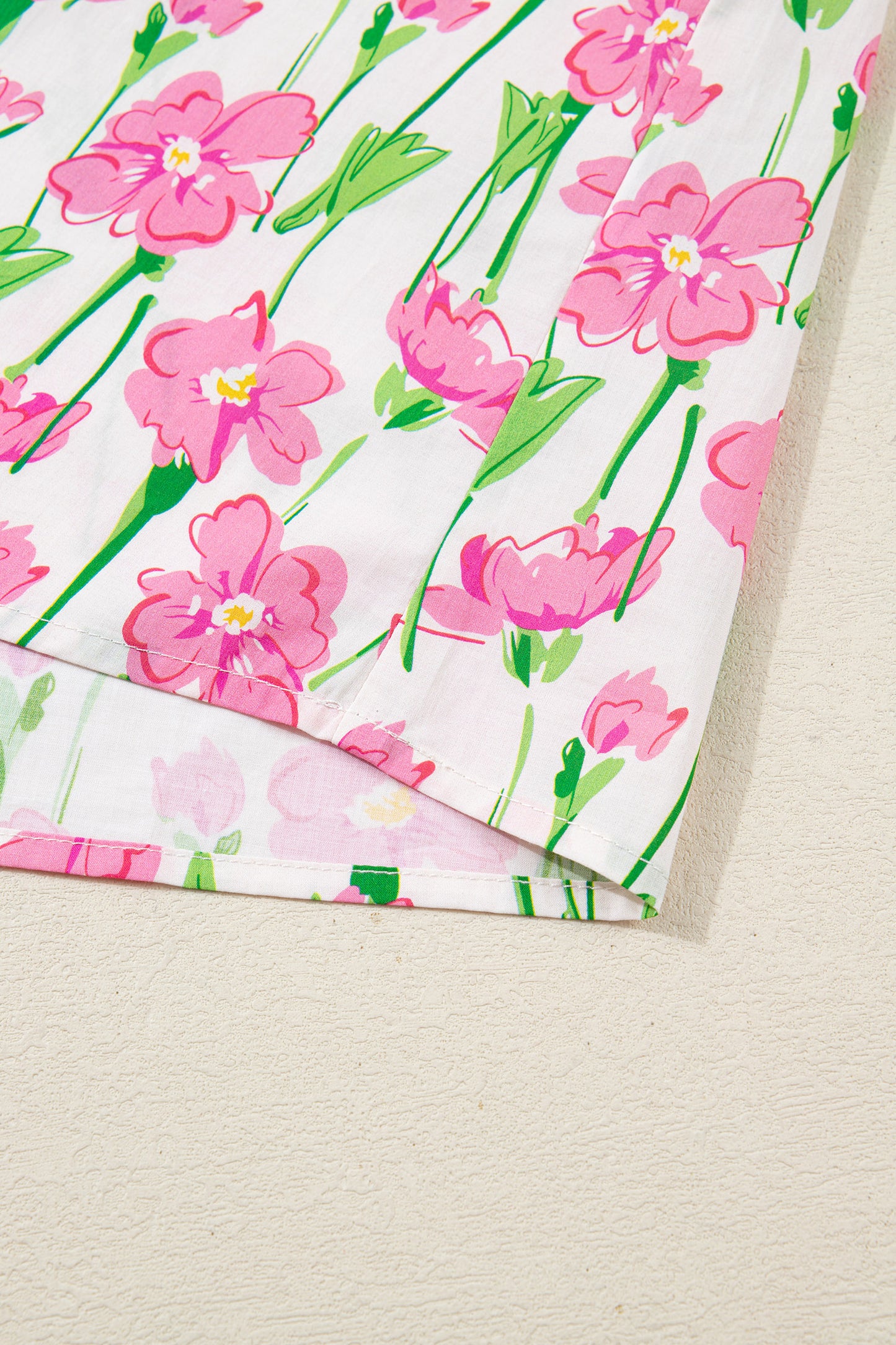 Pink Floral Print Contrast Trim V Neck Double Ruffled Short Sleeve Blouse-Tops/Blouses & Shirts-[Adult]-[Female]-2022 Online Blue Zone Planet