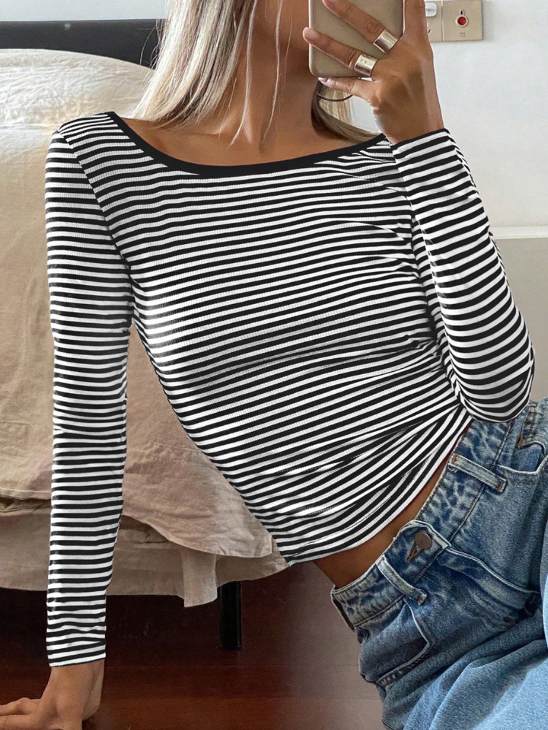 Devine Backless Striped Boat Neck Long Sleeve T-Shirt-TOPS / DRESSES-[Adult]-[Female]-2022 Online Blue Zone Planet