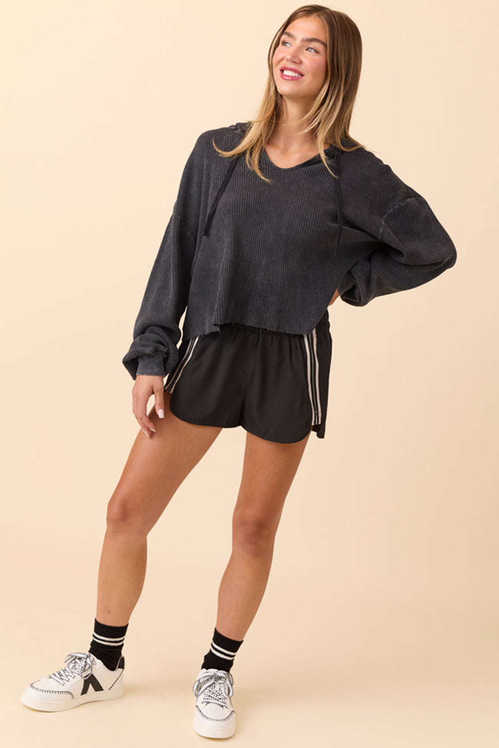Black Elastic Waist Varsity Striped Detail Athleisure Shorts-Bottoms/Casual Shorts-[Adult]-[Female]-2022 Online Blue Zone Planet