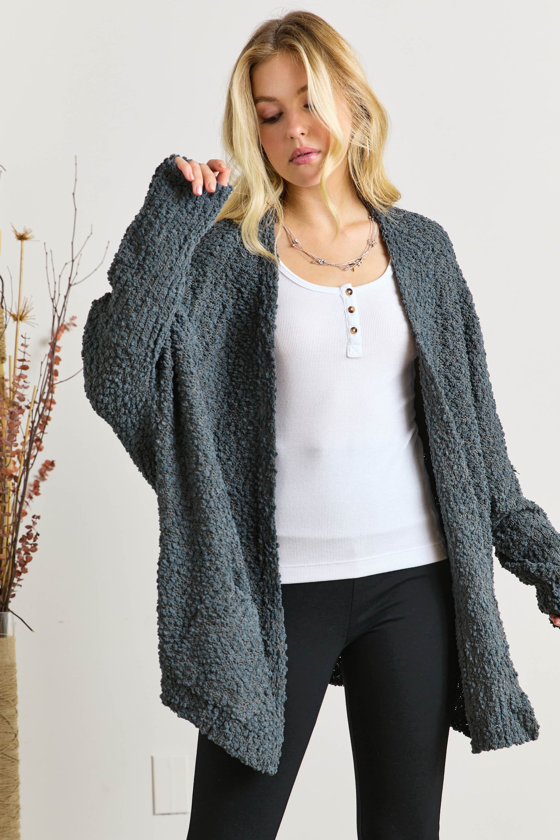 ADORA Popcorn Knit Open Front Long Sleeve Cardigan-TOPS / DRESSES-[Adult]-[Female]-DARK OLIVE-One Size-2022 Online Blue Zone Planet