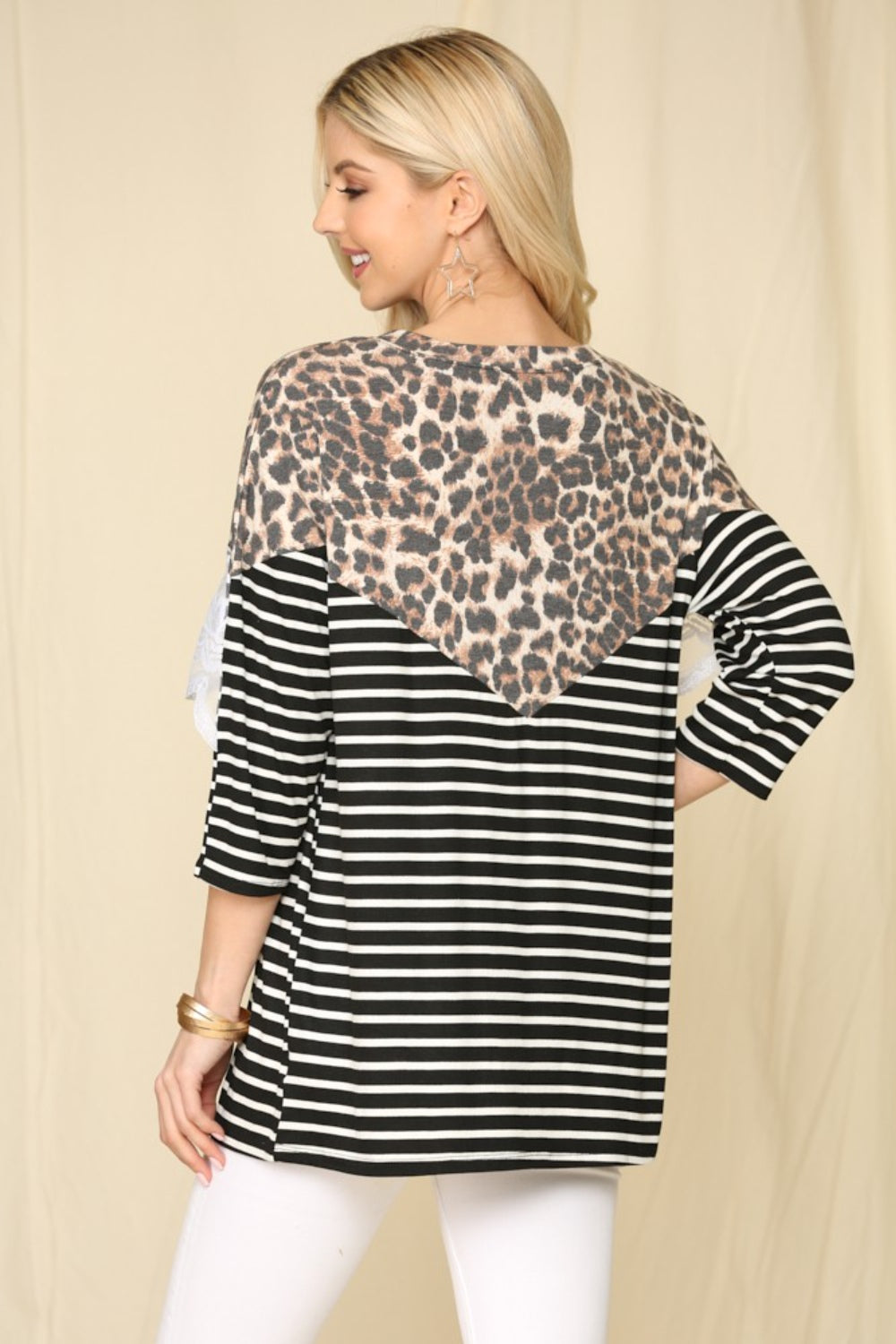 Celeste Full Size Leopard Spliced Stripe T-Shirt with Lace Detail-TOPS / DRESSES-[Adult]-[Female]-2022 Online Blue Zone Planet