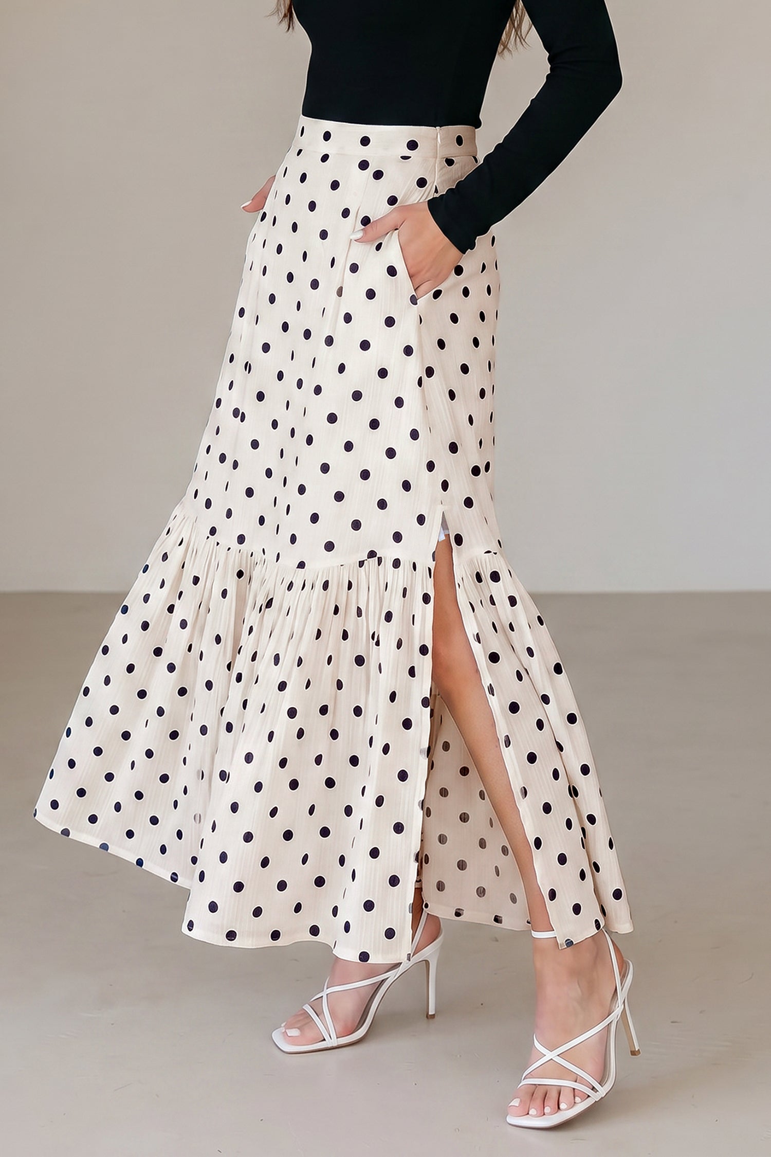 White Polka Dot Ruffled Slit Maxi Skirt-Bottoms/Skirts & Petticoat-[Adult]-[Female]-2022 Online Blue Zone Planet
