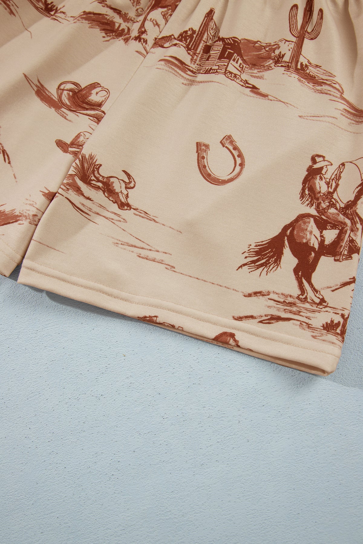 Beige Western Print Loose Fit Long Sleeve Top Short Set-Two Piece Sets/Short Sets-[Adult]-[Female]-2022 Online Blue Zone Planet