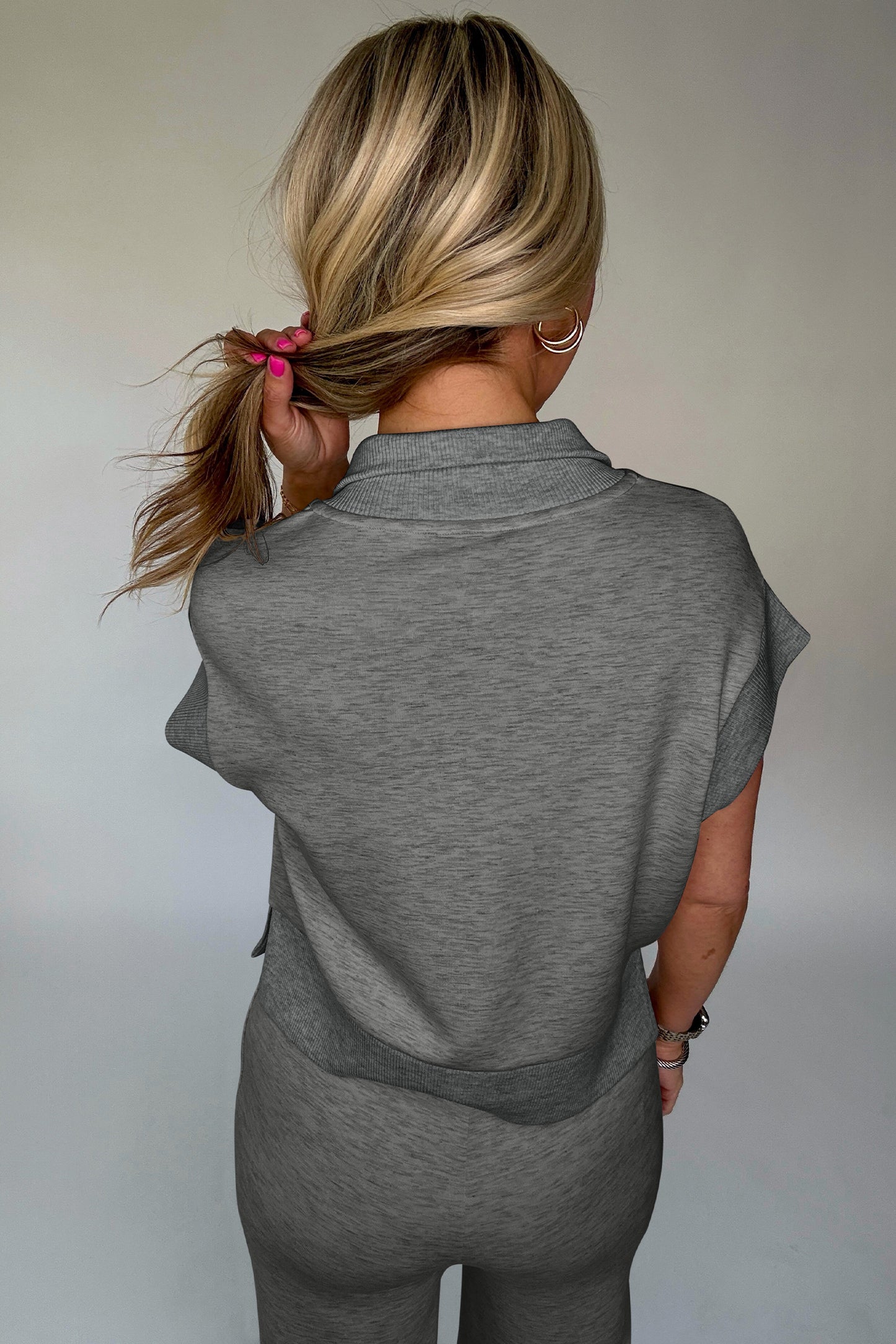Gray Half Zip Polo Tee Casual Pant Set-Two Piece Sets/Pant Sets-[Adult]-[Female]-2022 Online Blue Zone Planet