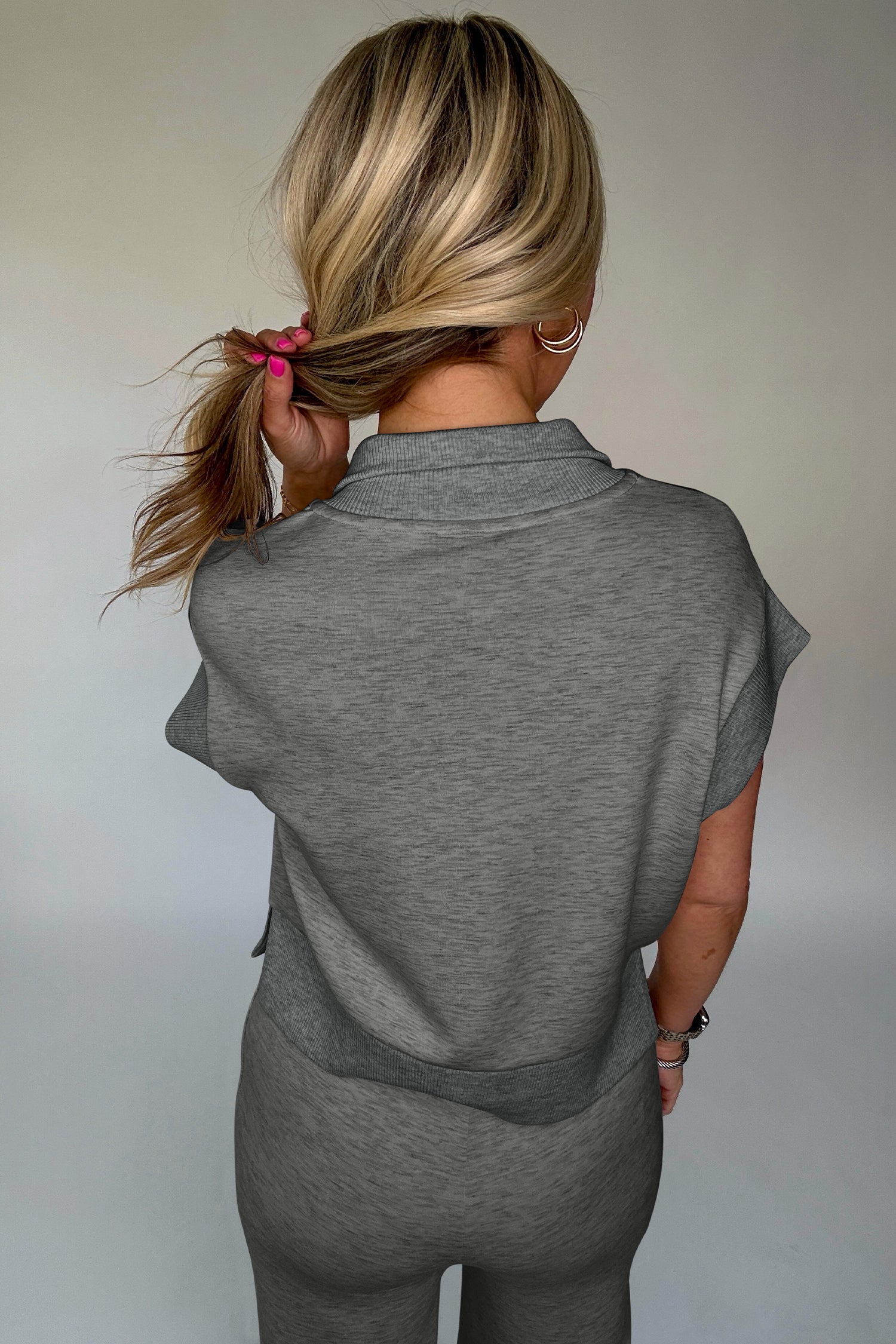Gray Half Zip Polo Tee Casual Pant Set-Two Piece Sets/Pant Sets-[Adult]-[Female]-2022 Online Blue Zone Planet
