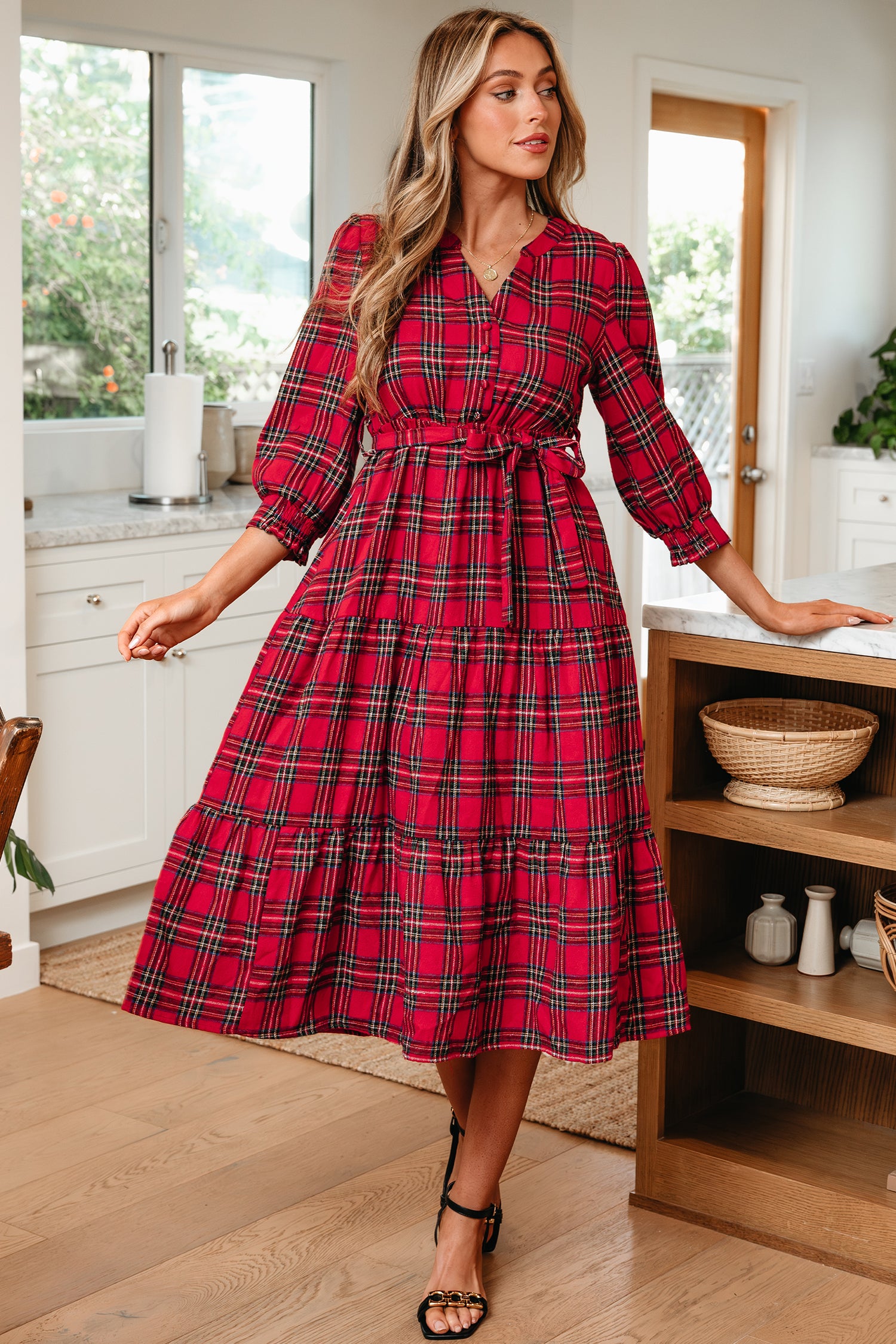 Red Christmas Plaid V Neck 3/4 Sleeve Tie Waist Ruffle Hem Long Dress Red / XL / 59%Polyester+41%Cotton