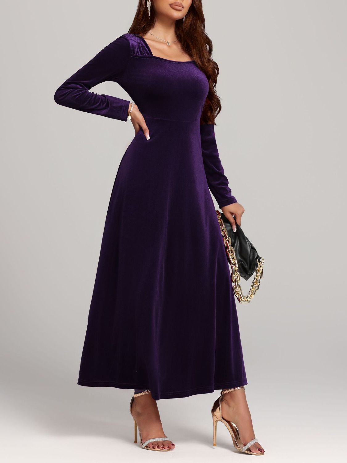 Blue Zone Planet | Square Neck Long Sleeve Velvet Dress-TOPS / DRESSES-[Adult]-[Female]-2022 Online Blue Zone Planet