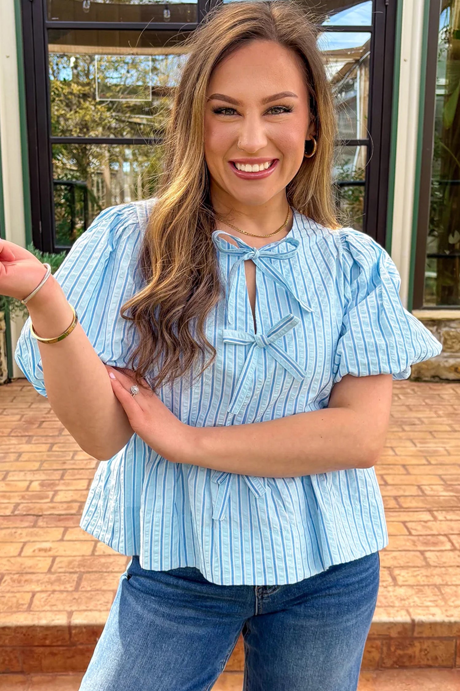 Sky Blue Stripe Bow Knot Textured Short Puff Sleeve Babydoll Blouse-Tops/Blouses & Shirts-[Adult]-[Female]-2022 Online Blue Zone Planet