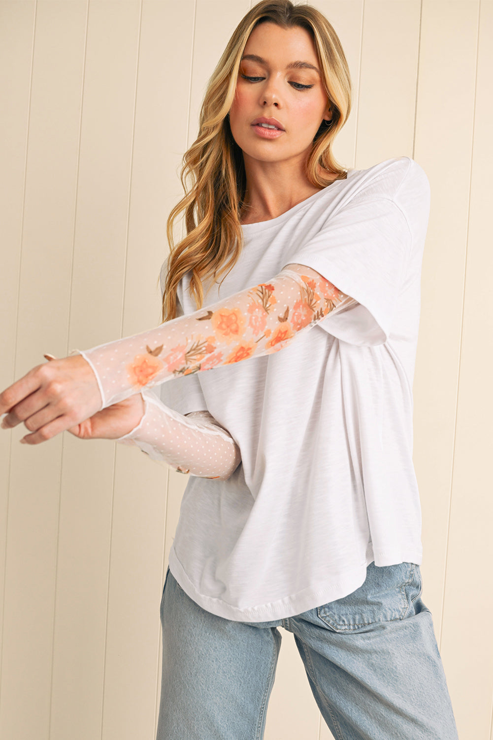 Black Floral Mesh Sleeve Fake Two-Piece Top-Long Sleeve Tops-[Adult]-[Female]-2022 Online Blue Zone Planet