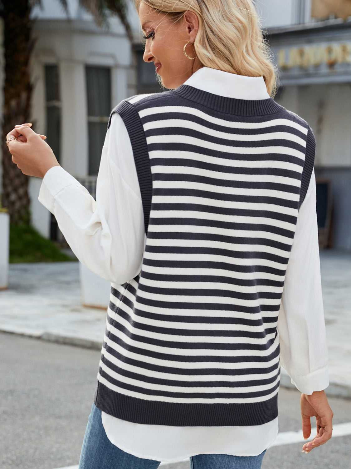 Slit V-Neck Striped Sweater Vest-TOPS / DRESSES-[Adult]-[Female]-2022 Online Blue Zone Planet