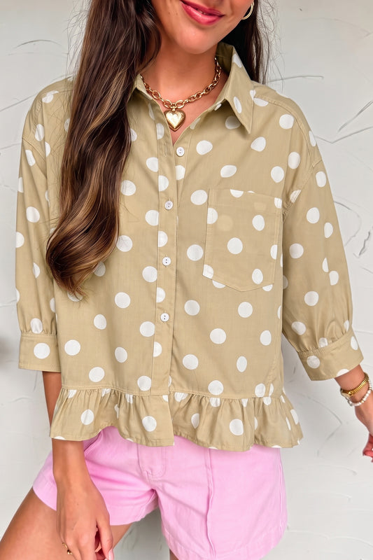 Khaki Polka Dot Print Three Quarter Sleeve Ruffle Hem Casual Shirt-Tops/Blouses & Shirts-[Adult]-[Female]-Khaki-S-2022 Online Blue Zone Planet
